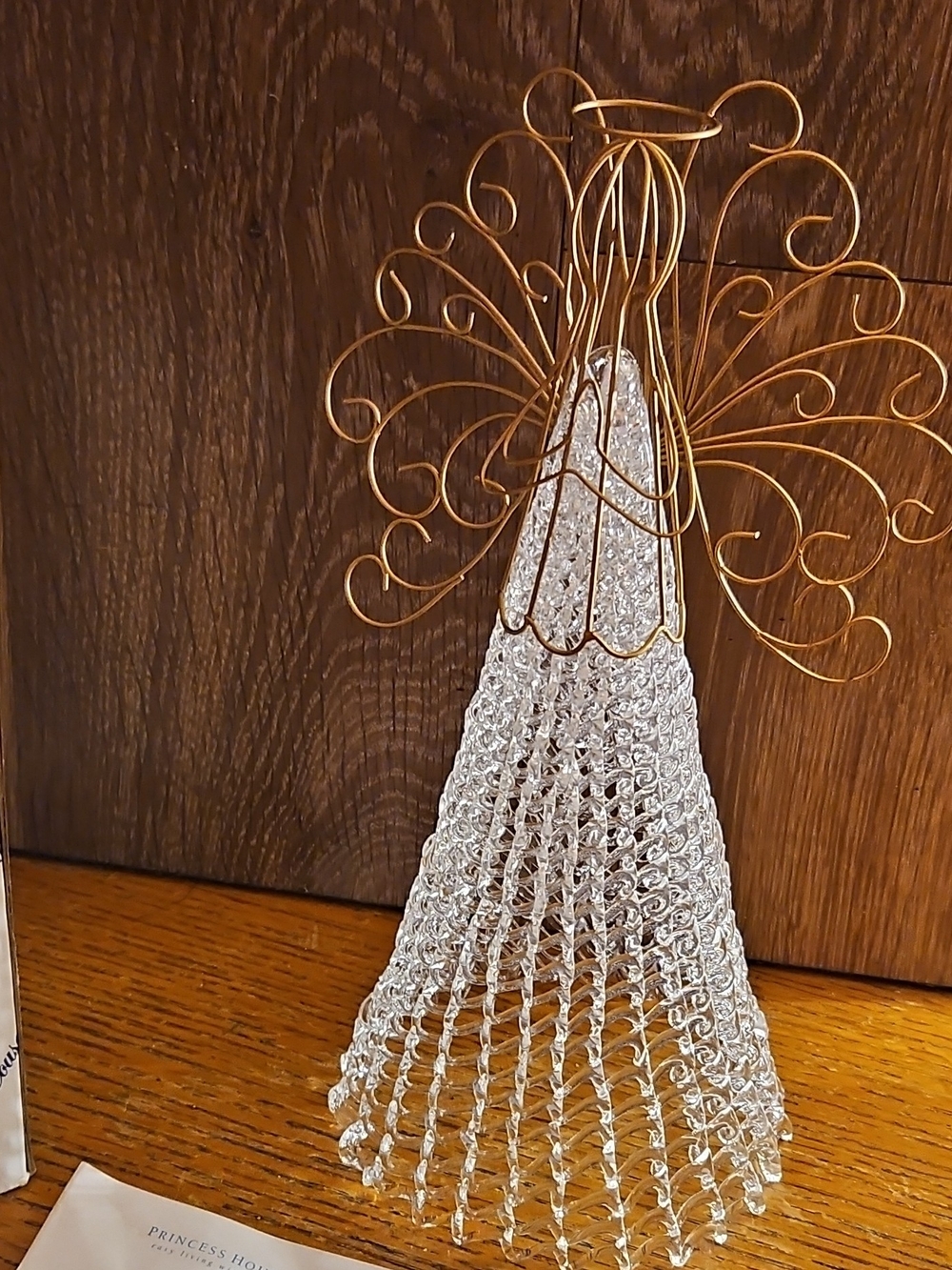 Princess House Crystal Beaded Angel Tree Topper with Gold Wire Wings